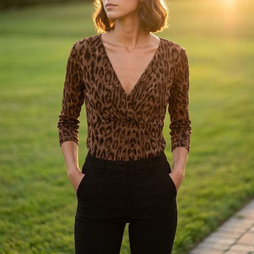 Chaps Classics Leopard Print V-Neck Top Size 1X item 152